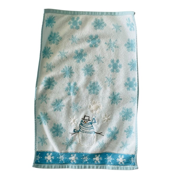 Holiday Snowman Hand Towel Embroidered Appliqué Snowflakes Light Blue White - Picture 6 of 9